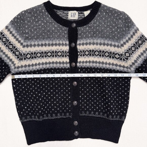 Vintage 90s GAP 100% Wool Black Fair Isle Nordic Cardigan Sweater Size Medium - Picture 8 of 10